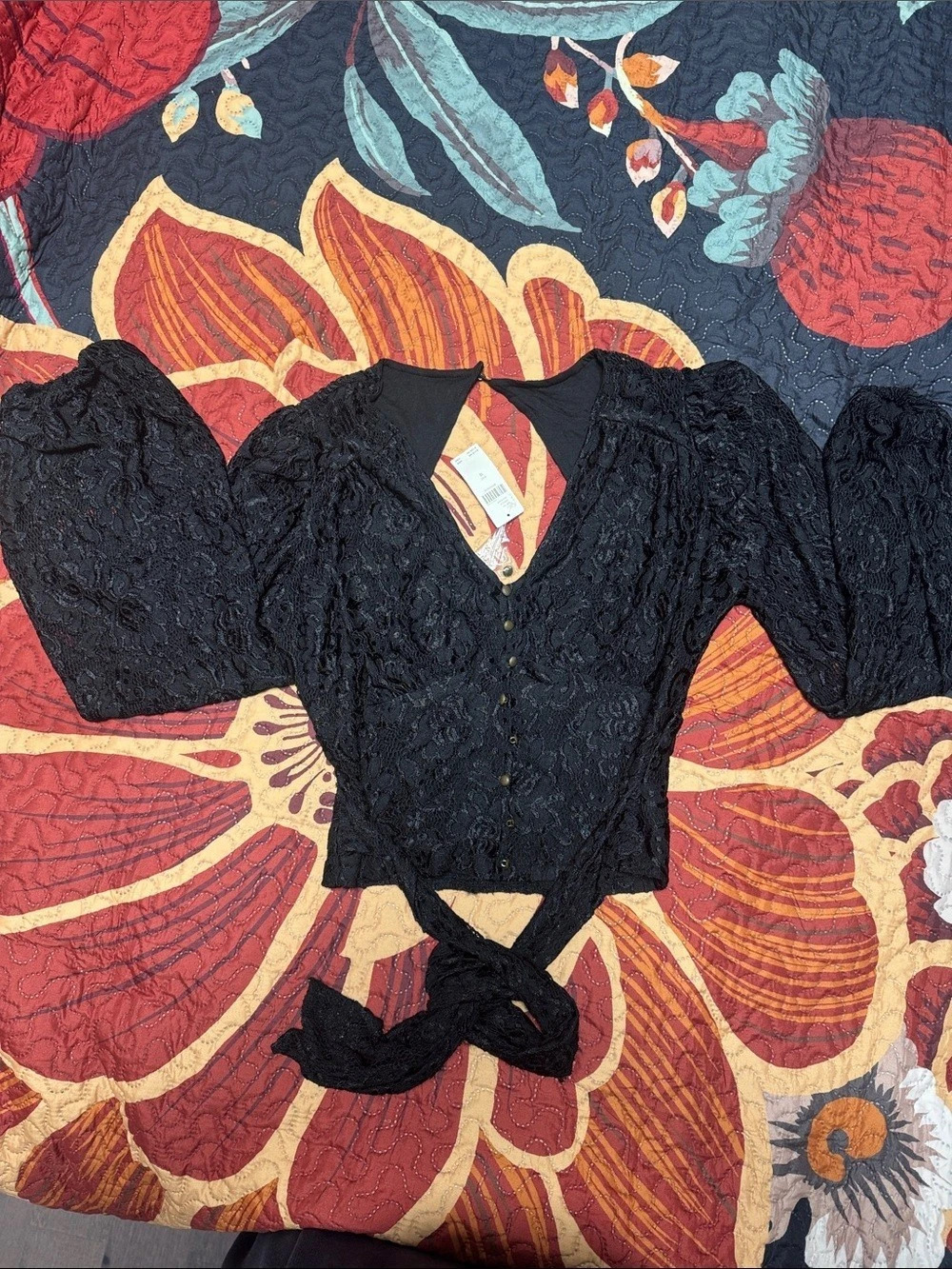 Anthropologie Black lace detailed tie front or back blouse